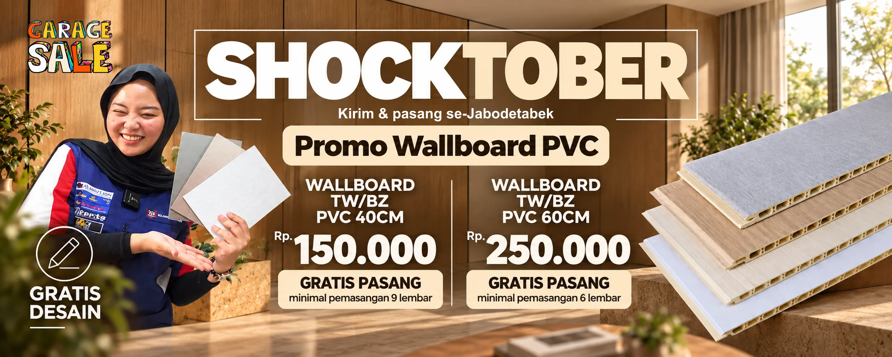 Shocktober, promo Wallboard PVC: ukuran 40 cm Rp150.000 gratis pasang minimal 9 lembar, ukuran 60 cm Rp250.000 gratis pasang minimal 6 lembar, gratis desain