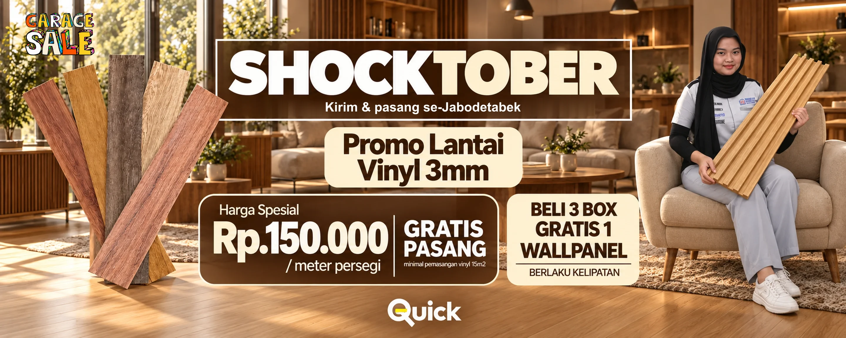 Shocktober, promo Lantai Vinyl 3mm: harga spesial Rp150.000 per meter persegi, gratis pasang minimal pemasangan vinyl 15 m2, beli 3 box gratis 1 wallpanel berlaku kelipatan