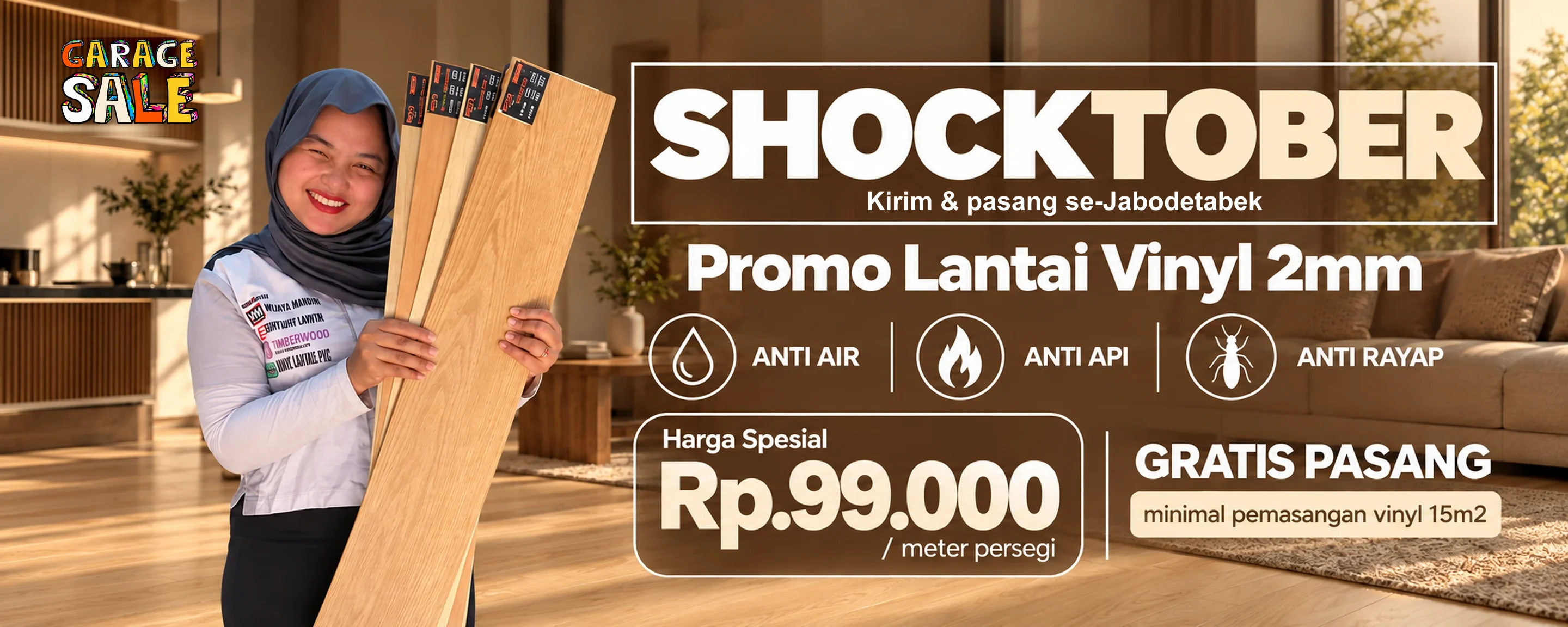 Shocktober, promo Lantai Vinyl 2mm anti air, anti api, dan anti rayap: harga spesial Rp99.000 per meter persegi, gratis pasang minimal pemasangan vinyl 15 m2