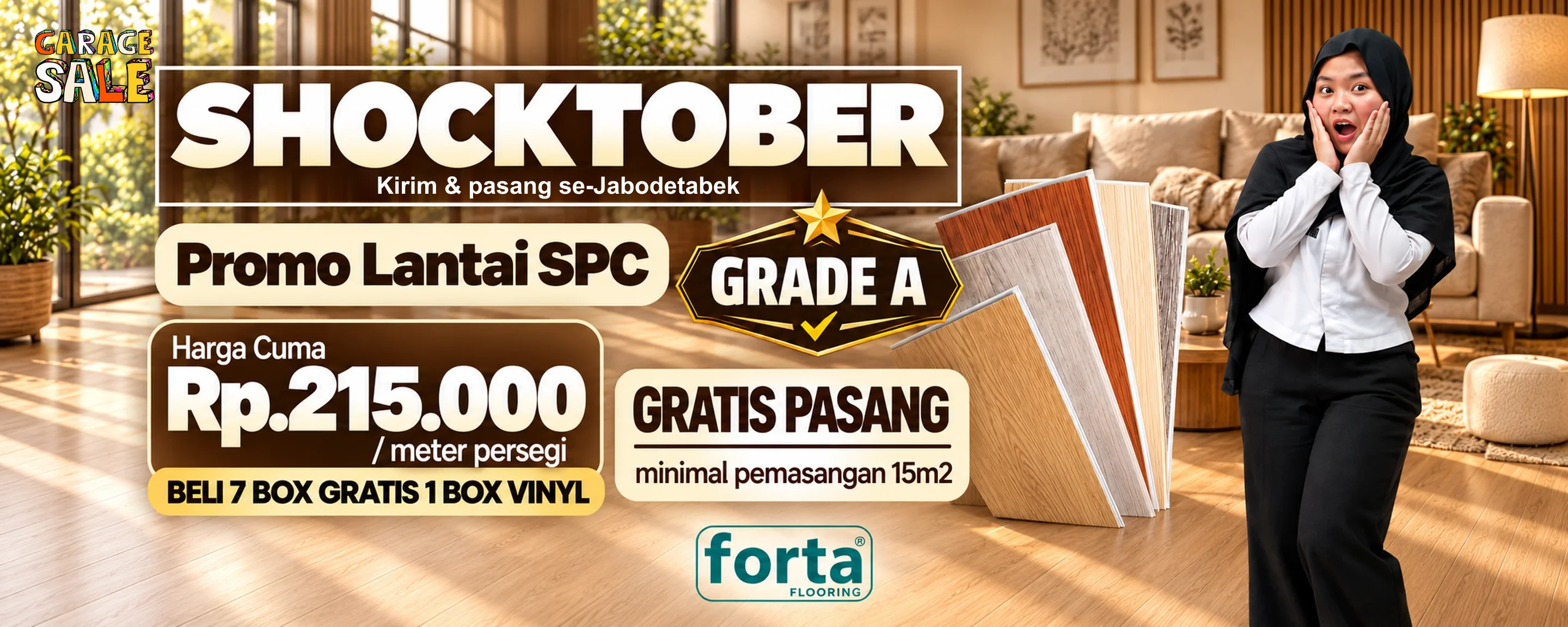 Shocktober, promo Lantai SPC Grade A merek Forta: harga cuma Rp215.000 per meter persegi, beli 7 box gratis 1 box vinyl, gratis pasang minimal pemasangan 15 m2