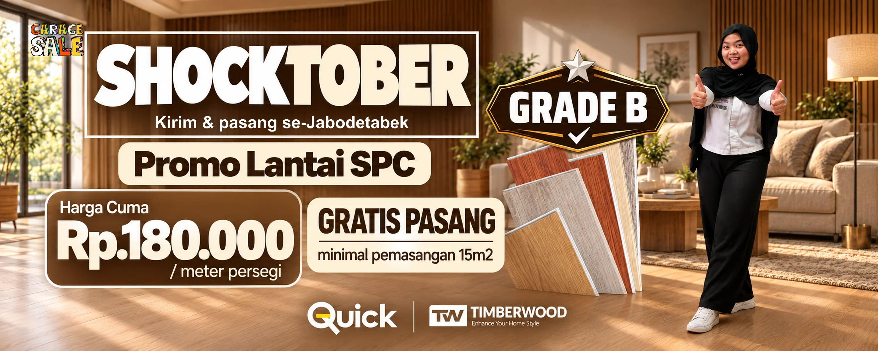 Shocktober, promo Lantai SPC Grade B merek Quick dan Timberwood: harga cuma Rp180.000 per meter persegi, gratis pasang minimal pemasangan 15 m2