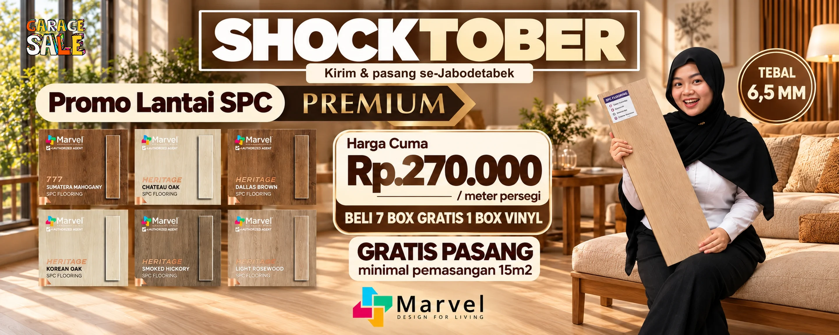 Shocktober, promo Lantai SPC Premium merek Marvel tebal 6,5 mm: harga cuma Rp270.000 per meter persegi, beli 7 box gratis 1 box vinyl, gratis pasang minimal pemasangan 15 m2