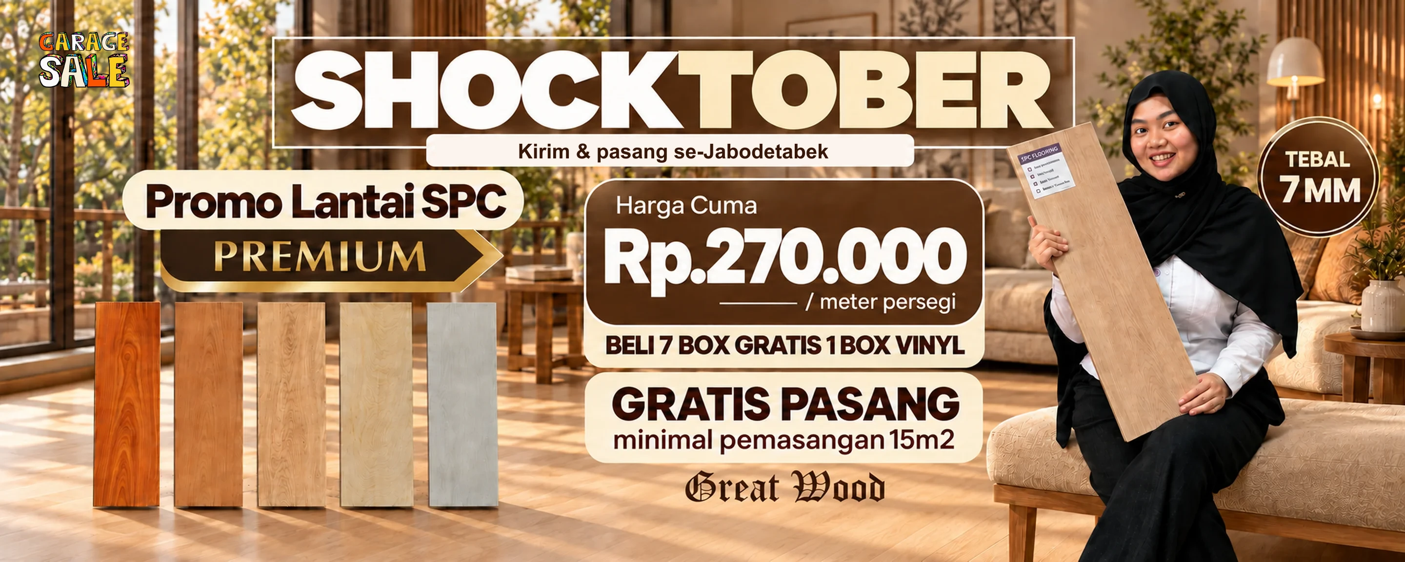 Shocktober, promo Lantai SPC Premium merek Great Wood tebal 7 mm: harga cuma Rp270.000 per meter persegi, beli 7 box gratis 1 box vinyl, gratis pasang minimal pemasangan 15 m2